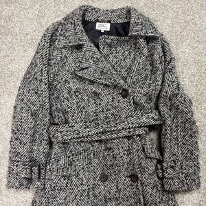 LL Bean Herringbone Wool Blend Double Breasted Trench Coat Belted Women's Medium